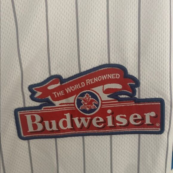 NWT- Budweiser Blue-Trimmed Striped baseball Jersey- Size large - Picture 4 of 10